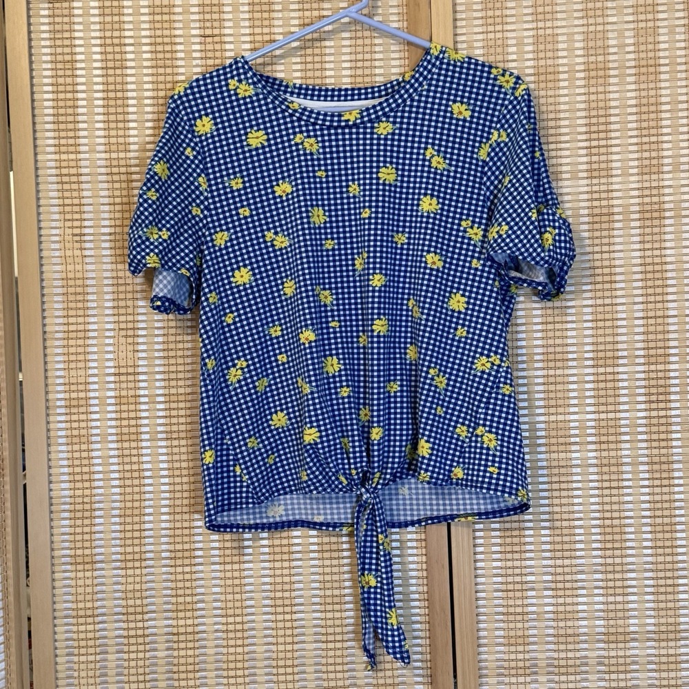 Lily White Womens L Yellow‎ Daisies on Blue/White Checks Bow Crop Cottagecore